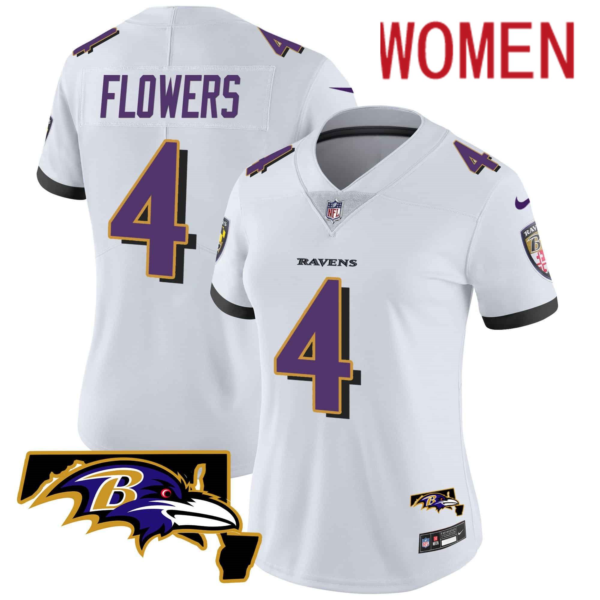 Women Baltimore Ravens #4 Flowers White 2024 Nike Maryland Patch Vapor Limited NFL Jersey